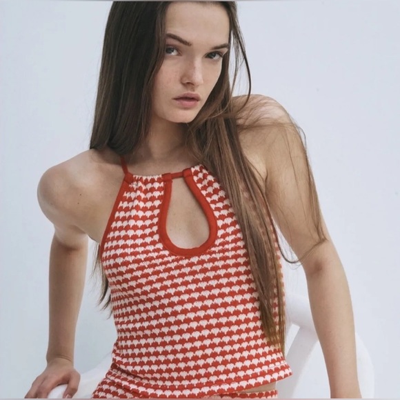 ZARA KNIT RED WHITE HALTER CROP TOP - Picture 7 of 10